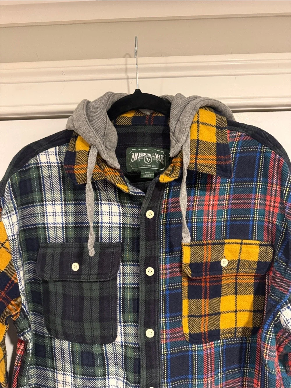 American Eagle Patchwork Plaid Hooded Flannel Shacket Shirt Jacket